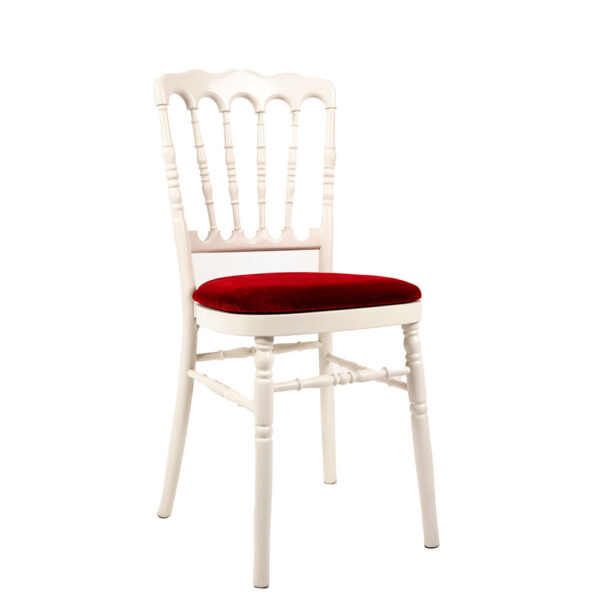 location de chaise napoléon blanche avec une assise en velour rouge